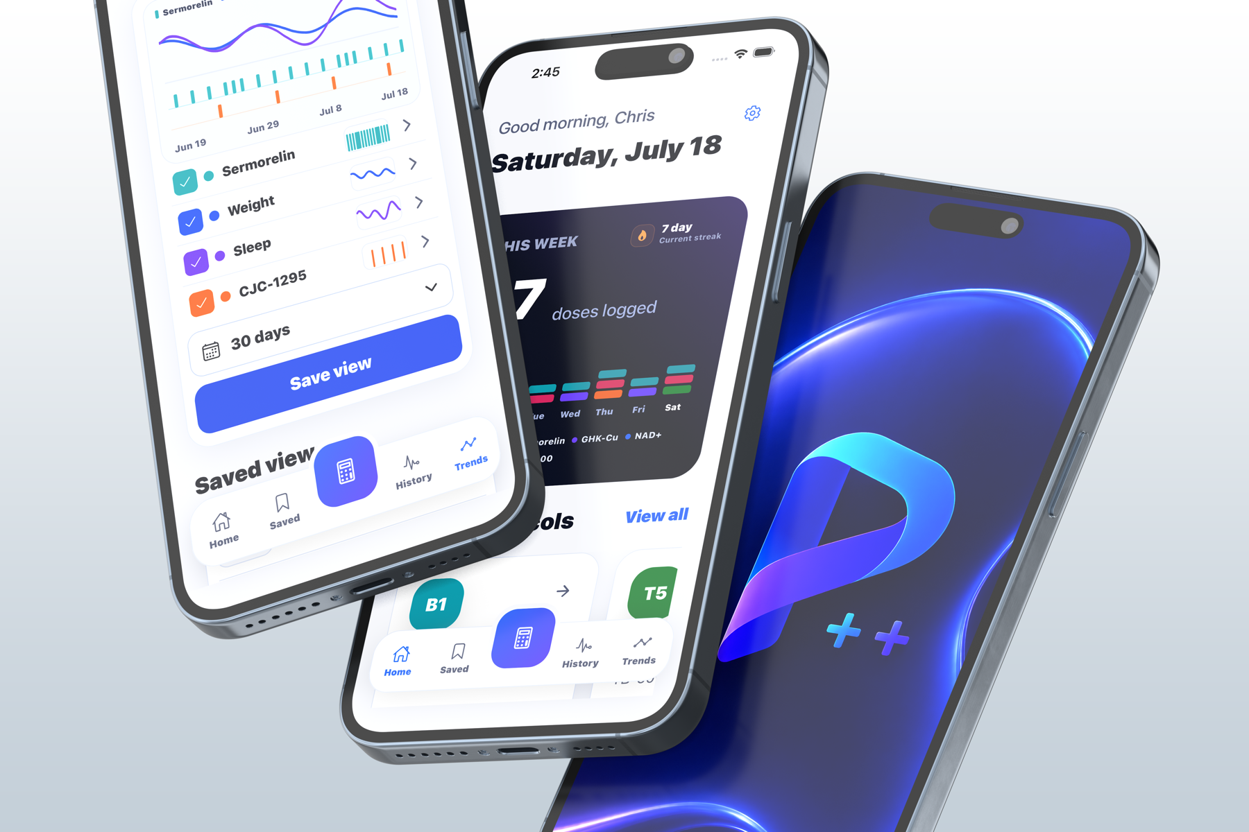 Peptide++ app previews showing a saved view, dashboard, and app icon